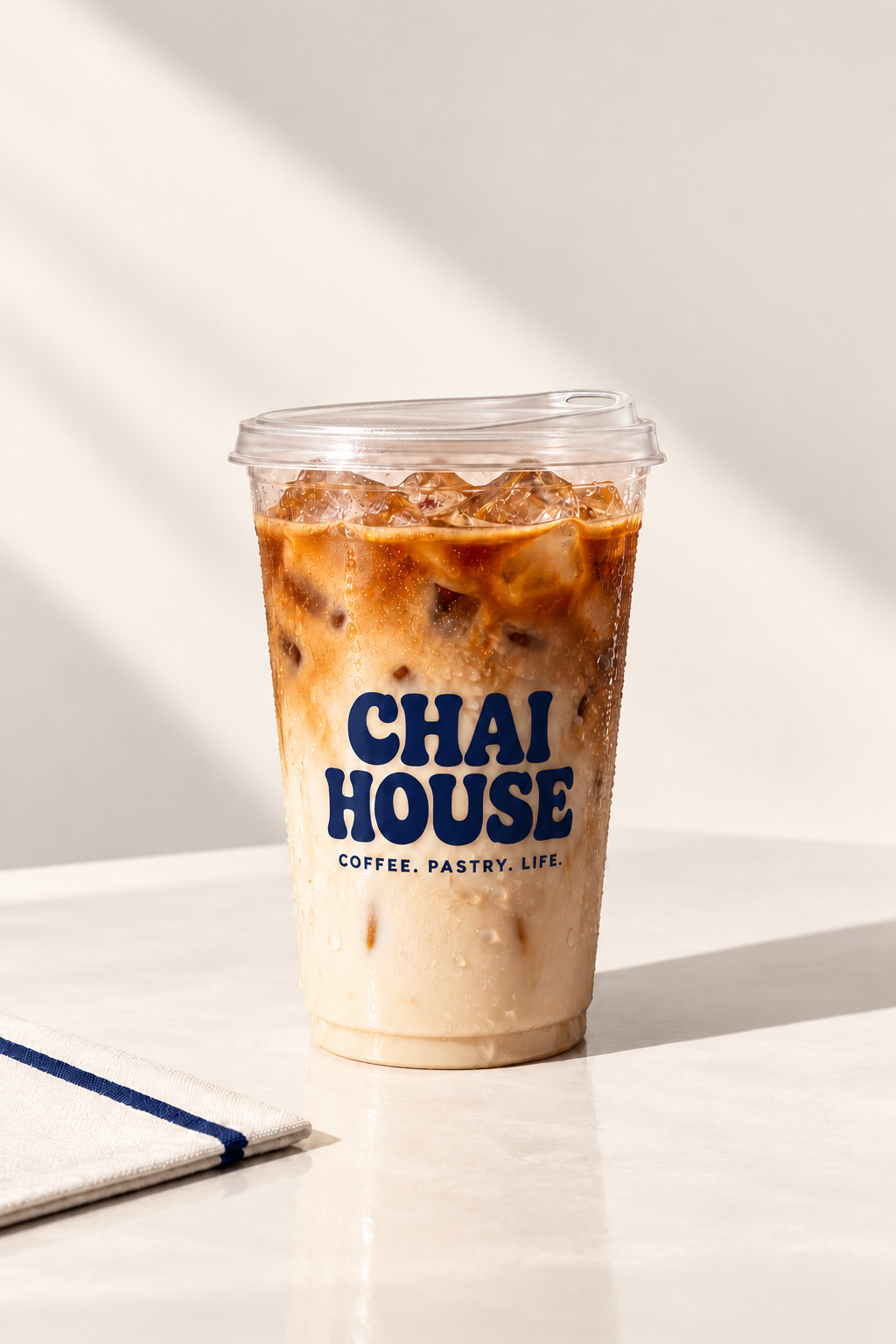 Packaging concept: a CHAI HOUSE iced latte in a clear cup with midnight-blue lettering and a smooth strawless sip lid against a Moon off-white backdrop